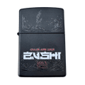 Black Zushi x Zippo lighter close up showing matte black case with engraved wave design and white Zushi logo on front