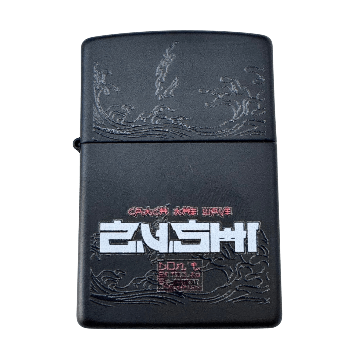 Black Zushi x Zippo lighter close up showing matte black case with engraved wave design and white Zushi logo on front