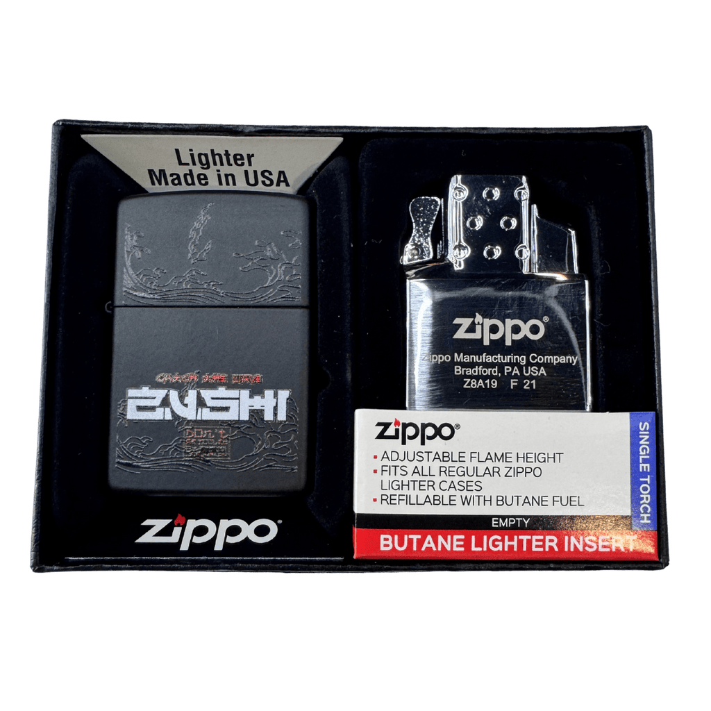 Official Black Zushi x Zippo collab lighter in gift box with matte black case, wave engraving, and butane torch insert