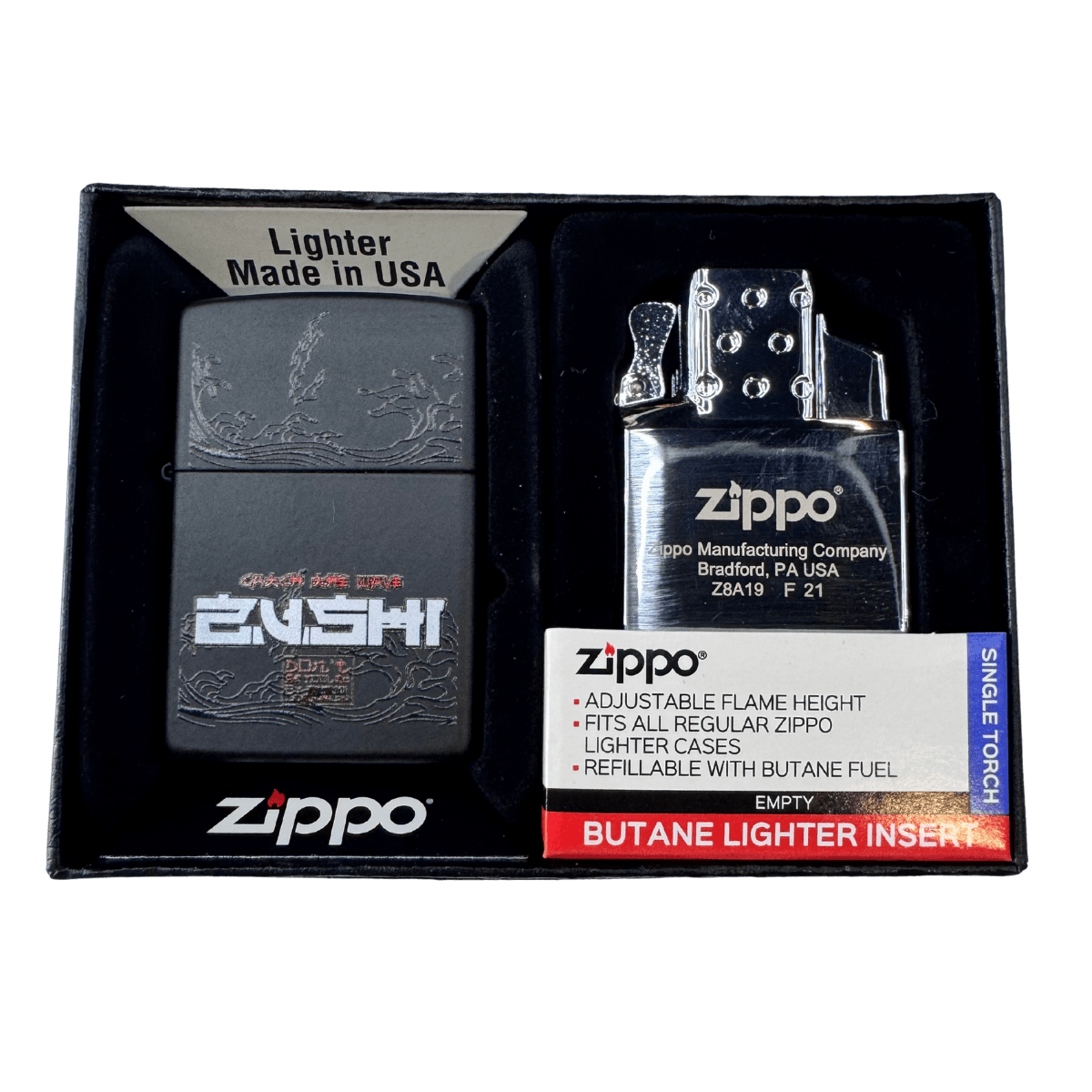 Official Black Zushi x Zippo collab lighter in gift box with matte black case, wave engraving, and butane torch insert