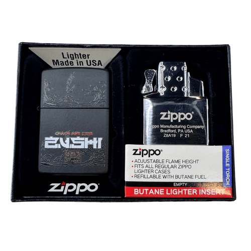 Official Black Zushi x Zippo collab lighter in gift box with matte black case, wave engraving, and butane torch insert