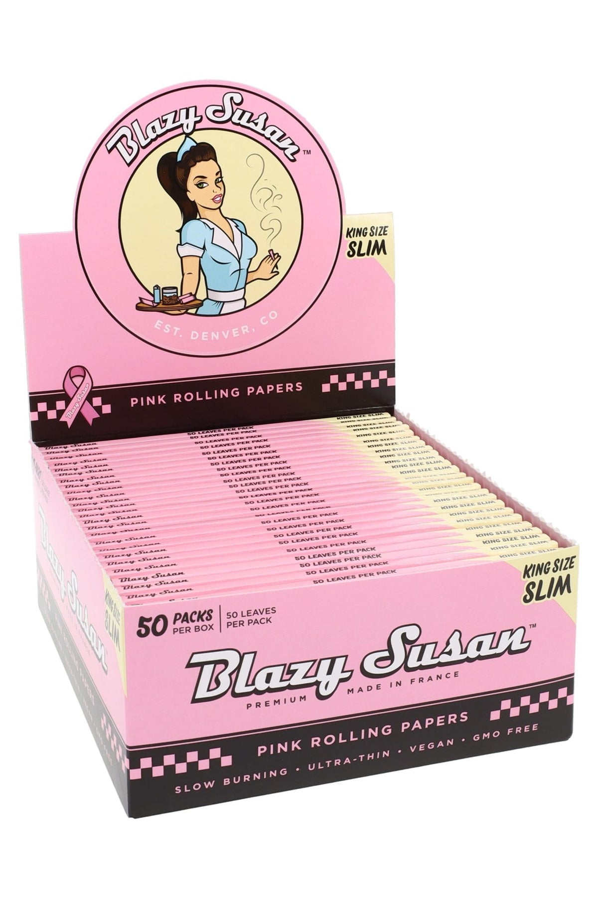 Blazy Susan King Size Slim Pink Rolling Papers, Box of 50 Booklets - 1321