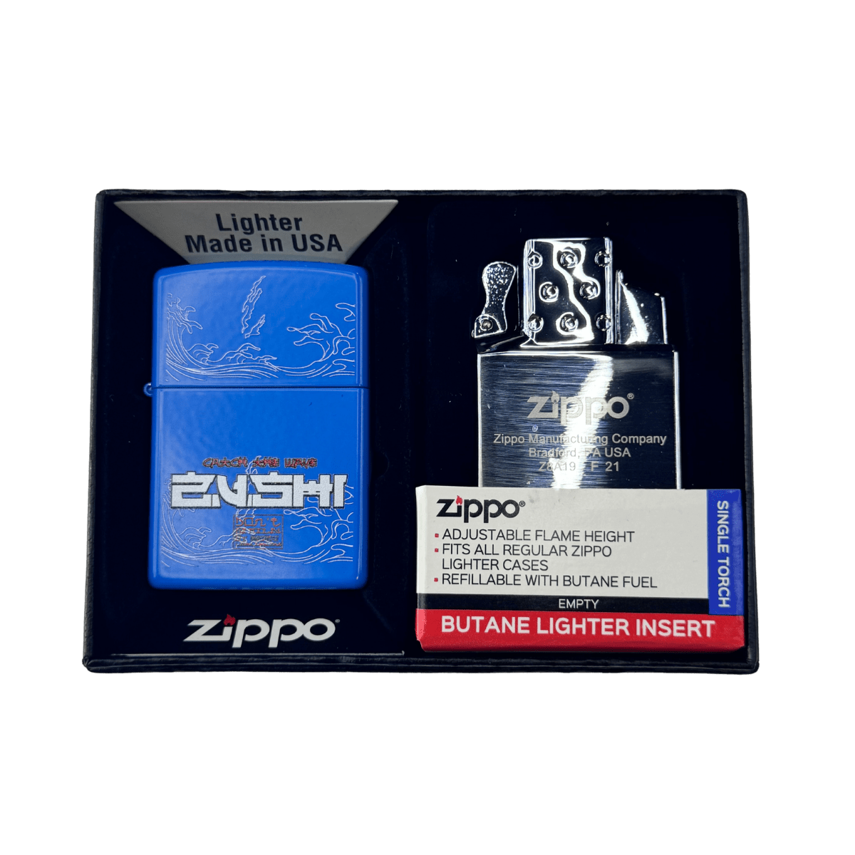 Official Blue Zushi x Zippo collab lighter in original gift box, matte royal blue case with white wave engraving and Zushi logo, paired with Zippo single torch butane insert