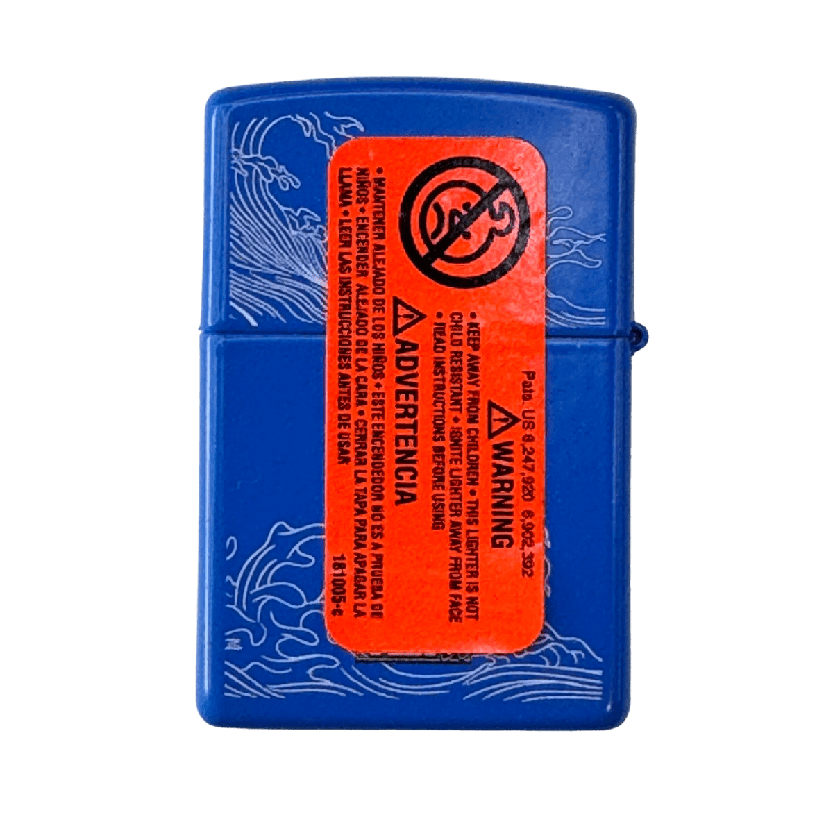 Blue Zushi x Zippo lighter close up showing matte blue case with engraved wave design and white Zushi logo on front